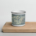 Front View Custom Grand Teton National Park Map Enamel Mug in Woodblock on Cutting Board