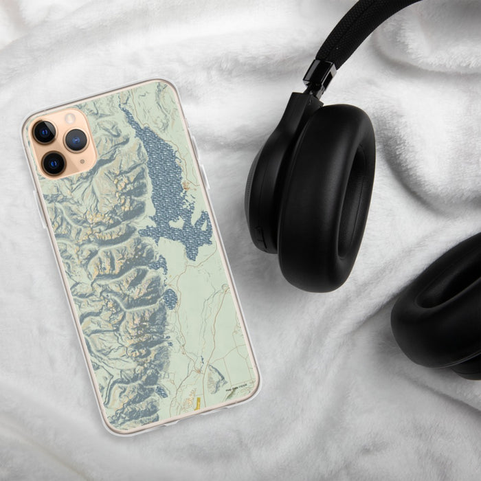 Custom Grand Teton National Park Map Phone Case in Woodblock on Table with Black Headphones