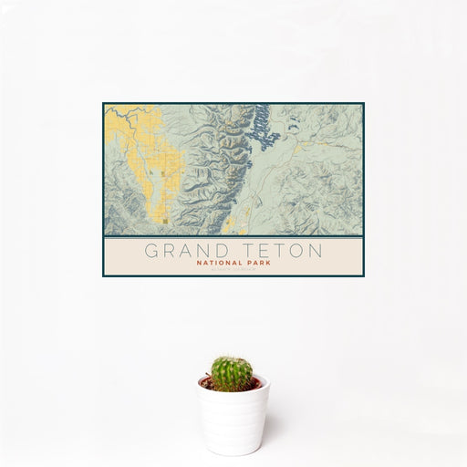 12x18 Grand Teton National Park Map Print Landscape Orientation in Woodblock Style With Small Cactus Plant in White Planter
