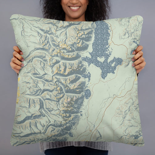 Person holding 22x22 Custom Grand Teton National Park Map Throw Pillow in Woodblock