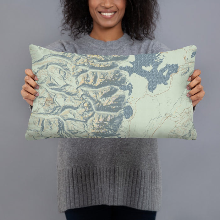 Person holding 20x12 Custom Grand Teton National Park Map Throw Pillow in Woodblock