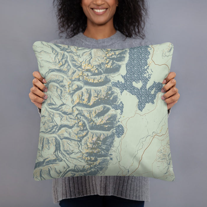 Person holding 18x18 Custom Grand Teton National Park Map Throw Pillow in Woodblock