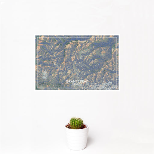 12x18 Granite Peak Montana Map Print Landscape Orientation in Afternoon Style With Small Cactus Plant in White Planter