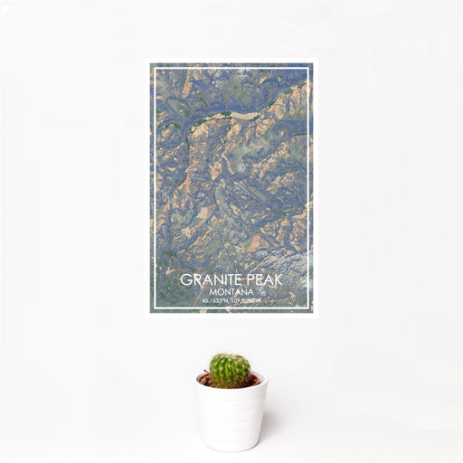 12x18 Granite Peak Montana Map Print Portrait Orientation in Afternoon Style With Small Cactus Plant in White Planter