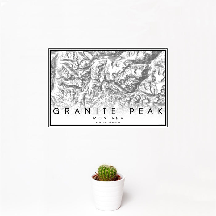 12x18 Granite Peak Montana Map Print Landscape Orientation in Classic Style With Small Cactus Plant in White Planter