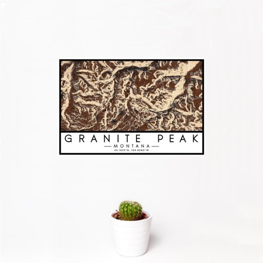 12x18 Granite Peak Montana Map Print Landscape Orientation in Ember Style With Small Cactus Plant in White Planter