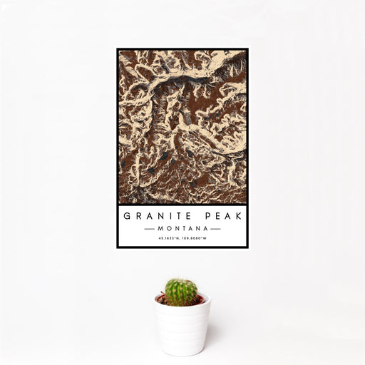 12x18 Granite Peak Montana Map Print Portrait Orientation in Ember Style With Small Cactus Plant in White Planter
