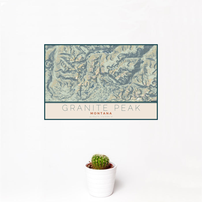 12x18 Granite Peak Montana Map Print Landscape Orientation in Woodblock Style With Small Cactus Plant in White Planter
