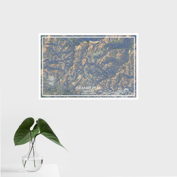 16x24 Granite Peak Montana Map Print Landscape Orientation in Afternoon Style With Tropical Plant Leaves in Water