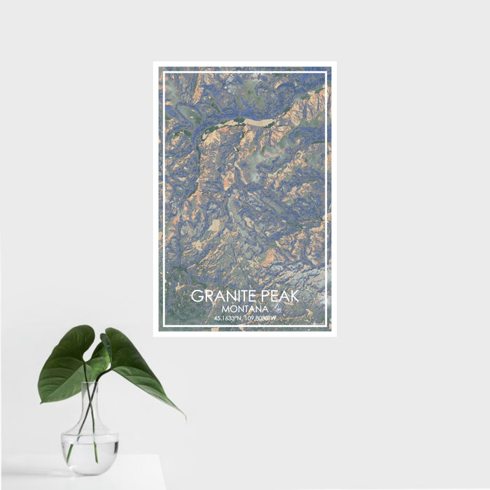16x24 Granite Peak Montana Map Print Portrait Orientation in Afternoon Style With Tropical Plant Leaves in Water