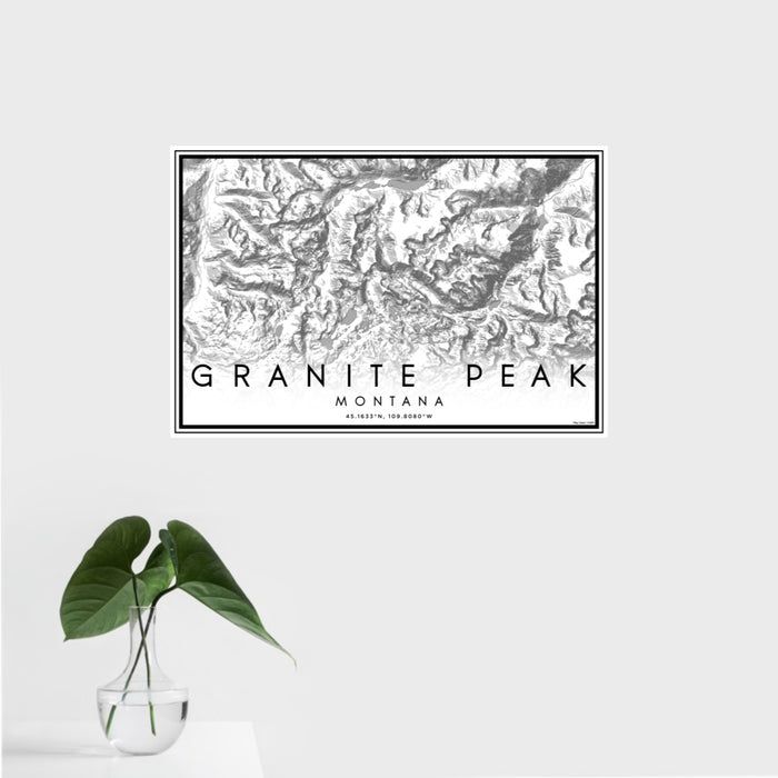 16x24 Granite Peak Montana Map Print Landscape Orientation in Classic Style With Tropical Plant Leaves in Water