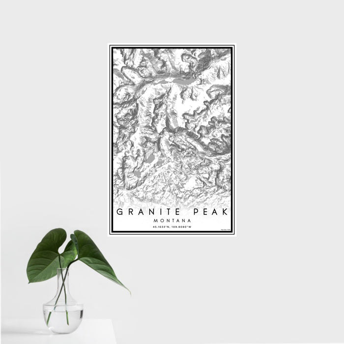 16x24 Granite Peak Montana Map Print Portrait Orientation in Classic Style With Tropical Plant Leaves in Water