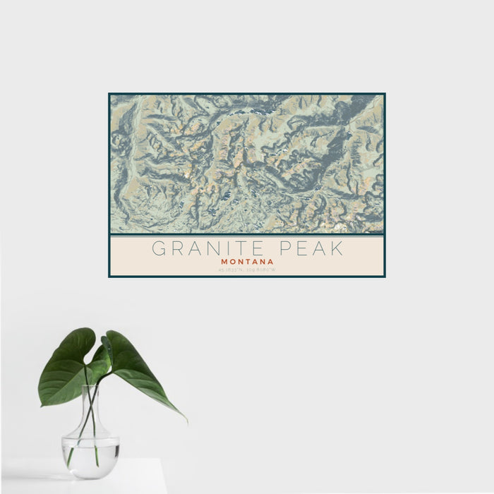 16x24 Granite Peak Montana Map Print Landscape Orientation in Woodblock Style With Tropical Plant Leaves in Water