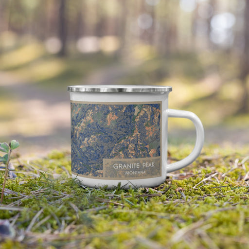 Right View Custom Granite Peak Montana Map Enamel Mug in Afternoon on Grass With Trees in Background