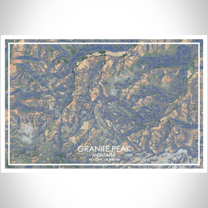 Granite Peak Montana Map Print Landscape Orientation in Afternoon Style With Shaded Background