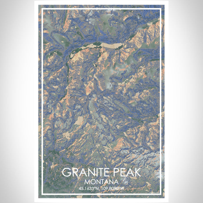 Granite Peak Montana Map Print Portrait Orientation in Afternoon Style With Shaded Background