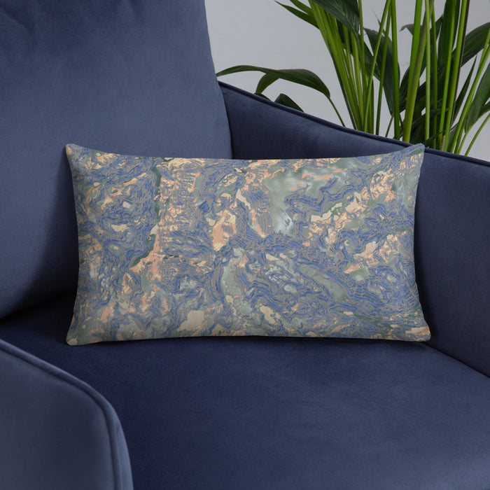 Custom Granite Peak Montana Map Throw Pillow in Afternoon on Blue Colored Chair
