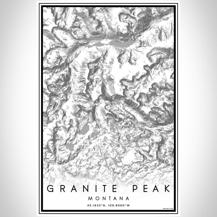 Granite Peak Montana Map Print Portrait Orientation in Classic Style With Shaded Background