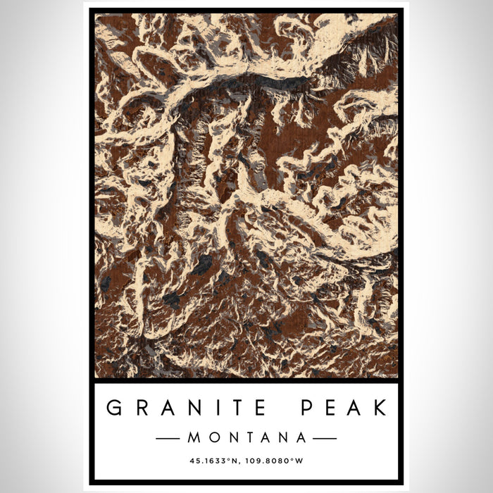 Granite Peak Montana Map Print Portrait Orientation in Ember Style With Shaded Background