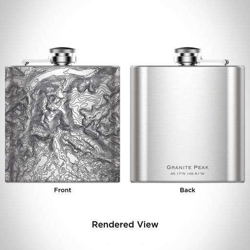 Rendered View of Granite Peak Montana Map Engraving on 6oz Stainless Steel Flask