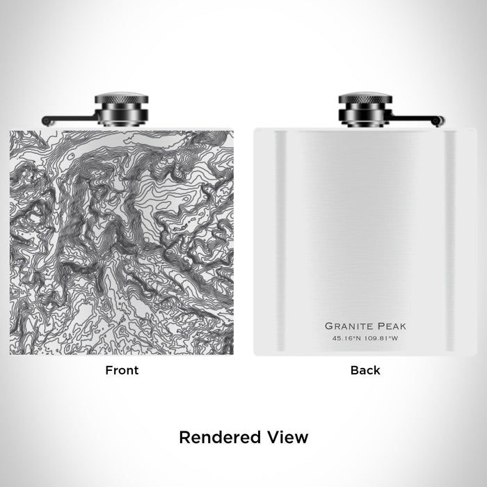 Rendered View of Granite Peak Montana Map Engraving on 6oz Stainless Steel Flask in White