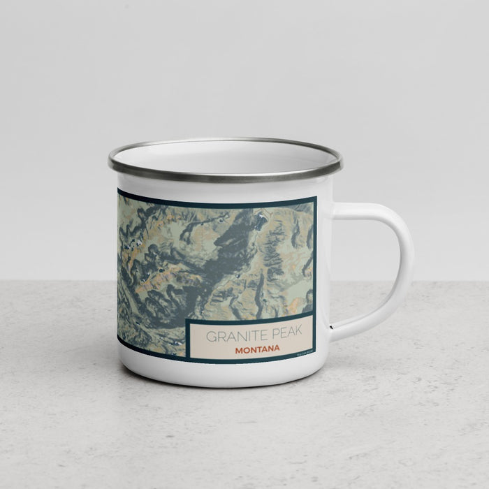 Right View Custom Granite Peak Montana Map Enamel Mug in Woodblock