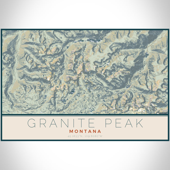 Granite Peak Montana Map Print Landscape Orientation in Woodblock Style With Shaded Background