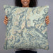 Person holding 22x22 Custom Granite Peak Montana Map Throw Pillow in Woodblock