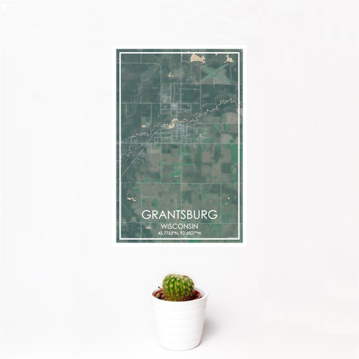 12x18 Grantsburg Wisconsin Map Print Portrait Orientation in Afternoon Style With Small Cactus Plant in White Planter