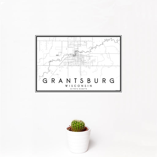 12x18 Grantsburg Wisconsin Map Print Landscape Orientation in Classic Style With Small Cactus Plant in White Planter