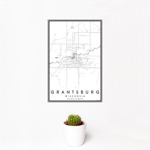 12x18 Grantsburg Wisconsin Map Print Portrait Orientation in Classic Style With Small Cactus Plant in White Planter