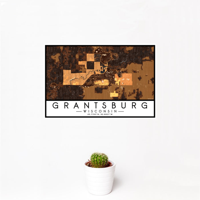 12x18 Grantsburg Wisconsin Map Print Landscape Orientation in Ember Style With Small Cactus Plant in White Planter