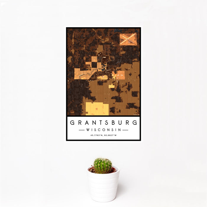 12x18 Grantsburg Wisconsin Map Print Portrait Orientation in Ember Style With Small Cactus Plant in White Planter