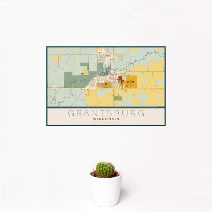 12x18 Grantsburg Wisconsin Map Print Landscape Orientation in Woodblock Style With Small Cactus Plant in White Planter