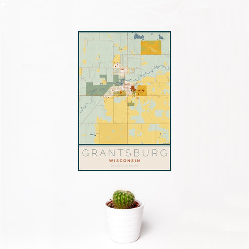 12x18 Grantsburg Wisconsin Map Print Portrait Orientation in Woodblock Style With Small Cactus Plant in White Planter