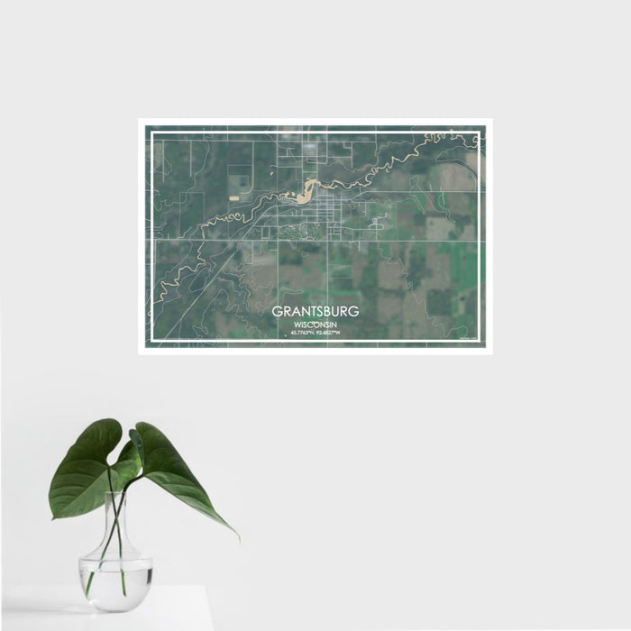 16x24 Grantsburg Wisconsin Map Print Landscape Orientation in Afternoon Style With Tropical Plant Leaves in Water