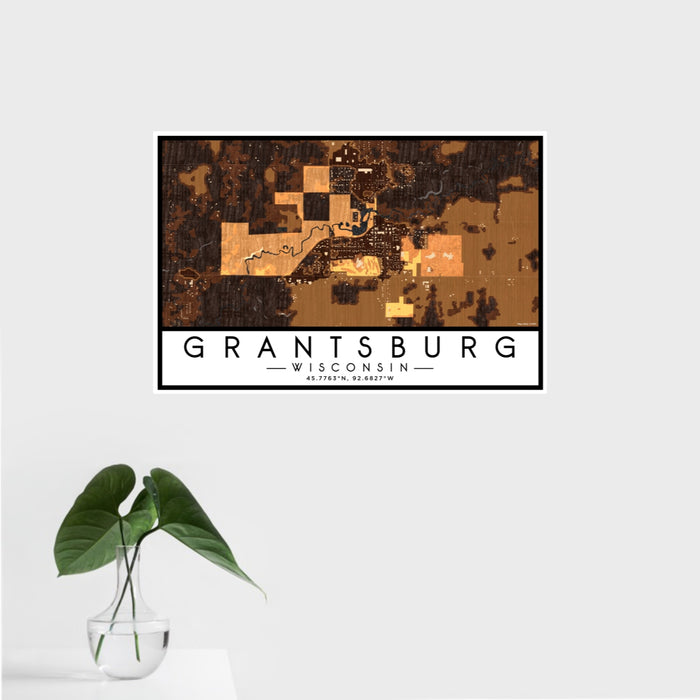 16x24 Grantsburg Wisconsin Map Print Landscape Orientation in Ember Style With Tropical Plant Leaves in Water