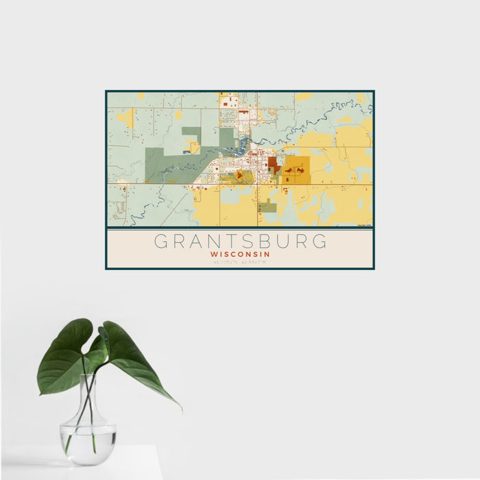 16x24 Grantsburg Wisconsin Map Print Landscape Orientation in Woodblock Style With Tropical Plant Leaves in Water