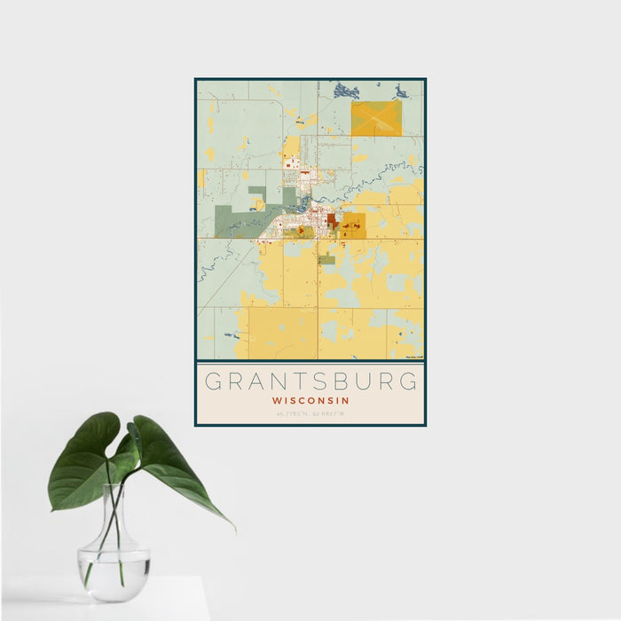 16x24 Grantsburg Wisconsin Map Print Portrait Orientation in Woodblock Style With Tropical Plant Leaves in Water