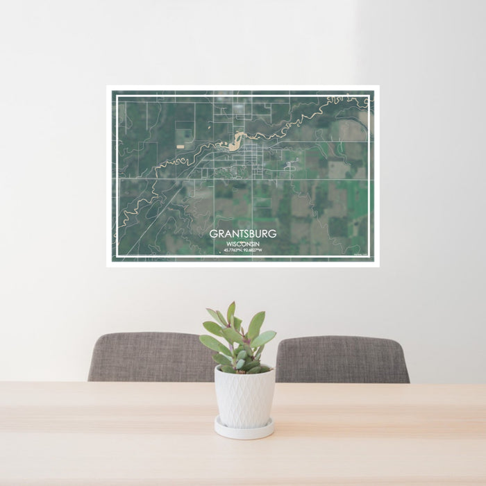 24x36 Grantsburg Wisconsin Map Print Lanscape Orientation in Afternoon Style Behind 2 Chairs Table and Potted Plant