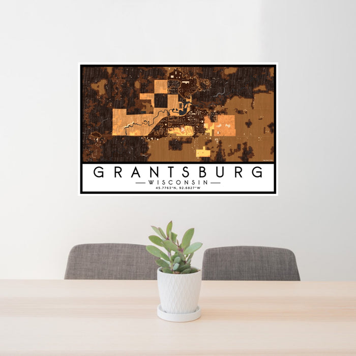 24x36 Grantsburg Wisconsin Map Print Lanscape Orientation in Ember Style Behind 2 Chairs Table and Potted Plant