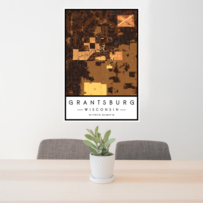 24x36 Grantsburg Wisconsin Map Print Portrait Orientation in Ember Style Behind 2 Chairs Table and Potted Plant