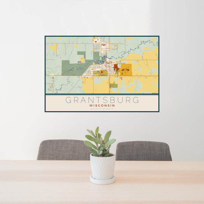 24x36 Grantsburg Wisconsin Map Print Lanscape Orientation in Woodblock Style Behind 2 Chairs Table and Potted Plant