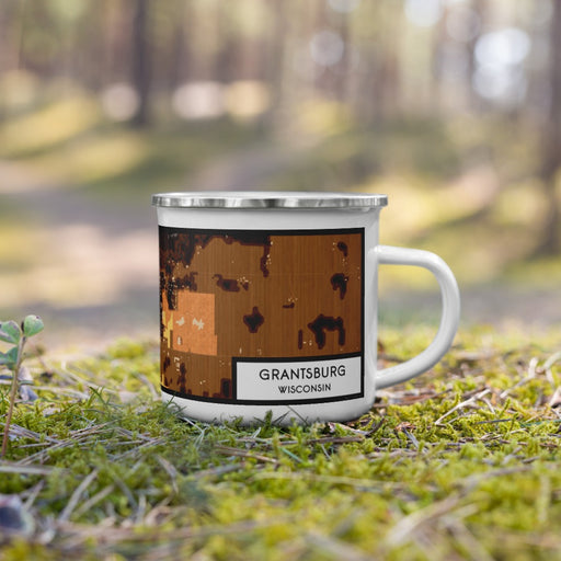 Right View Custom Grantsburg Wisconsin Map Enamel Mug in Ember on Grass With Trees in Background