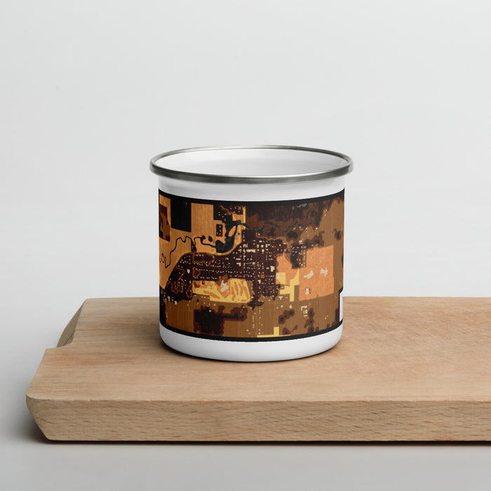 Front View Custom Grantsburg Wisconsin Map Enamel Mug in Ember on Cutting Board