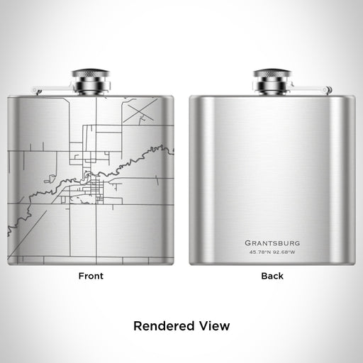 Rendered View of Grantsburg Wisconsin Map Engraving on 6oz Stainless Steel Flask