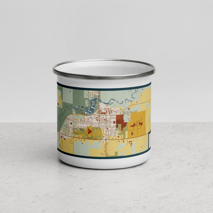 Front View Custom Grantsburg Wisconsin Map Enamel Mug in Woodblock