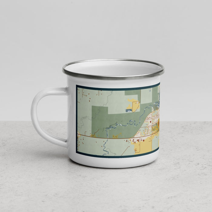 Left View Custom Grantsburg Wisconsin Map Enamel Mug in Woodblock