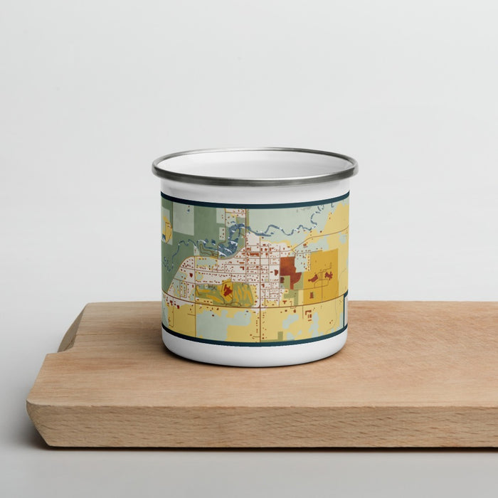 Front View Custom Grantsburg Wisconsin Map Enamel Mug in Woodblock on Cutting Board