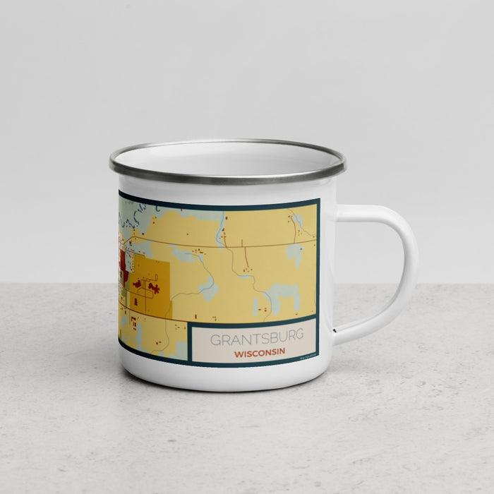 Right View Custom Grantsburg Wisconsin Map Enamel Mug in Woodblock